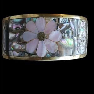 Vintage Mexican Silver Floral Cuff Bracelet with Iridescent Inlay